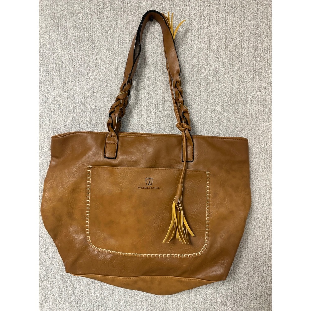Weimeibaige Brown Faux Leather Tote Bag Braided Straps Whipstitch Tassel Boho